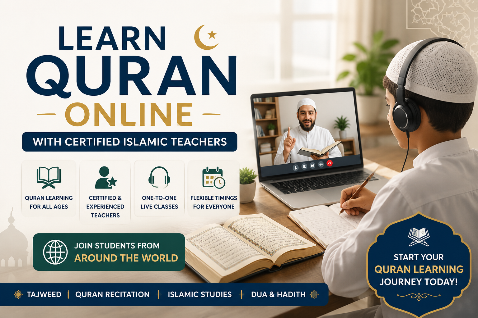 Learn Quran Online with Certified Islamic Teachers through live one-on-one Quran classes for kids and adults worldwide