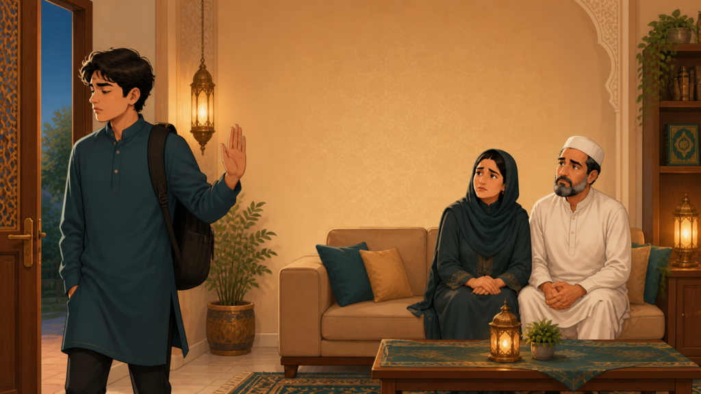 Nafarmaan beta ghar se ja raha hai aur pareshan Muslim walidain sofa par baithe hain